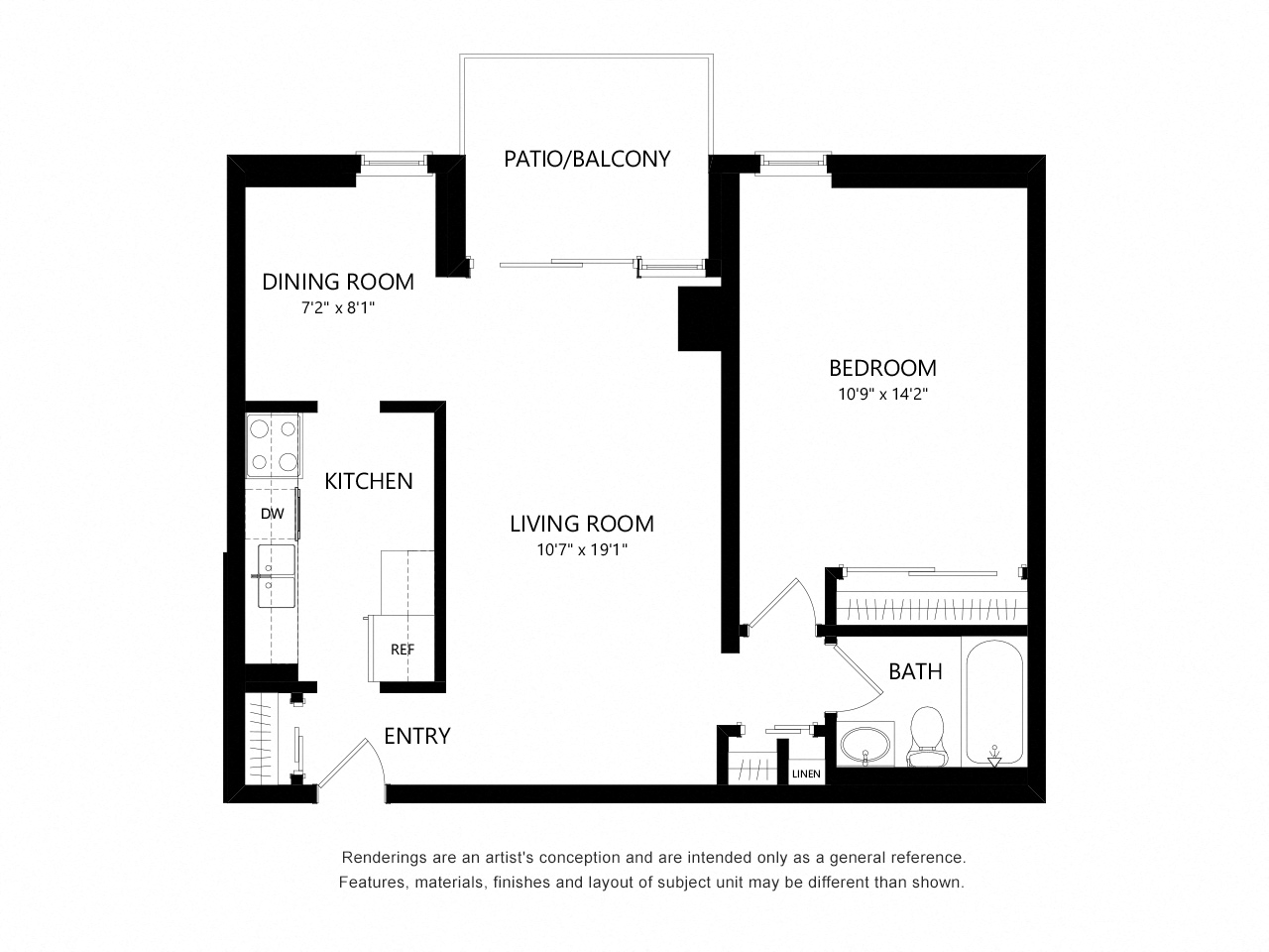 Floor plan for 1 bed, 1 bath, 679 sqft